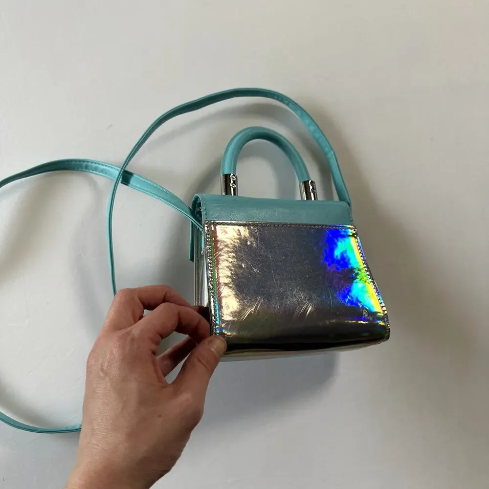 Justice Silver & Blue Iridescent Crossbody Purse / Handle Bag